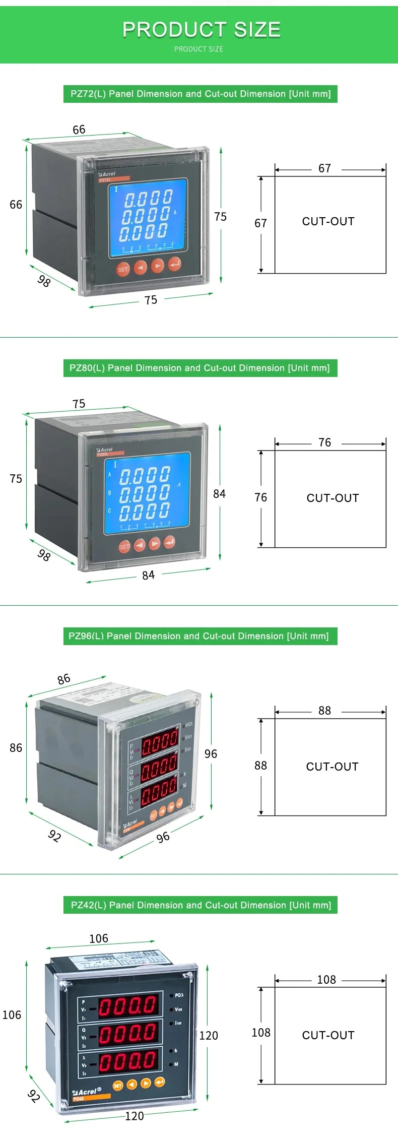 Acrel PZ Series AC Programmable Panel Single-Phase and Three-Phase Ammeter Voltmeter Power Energy Meter